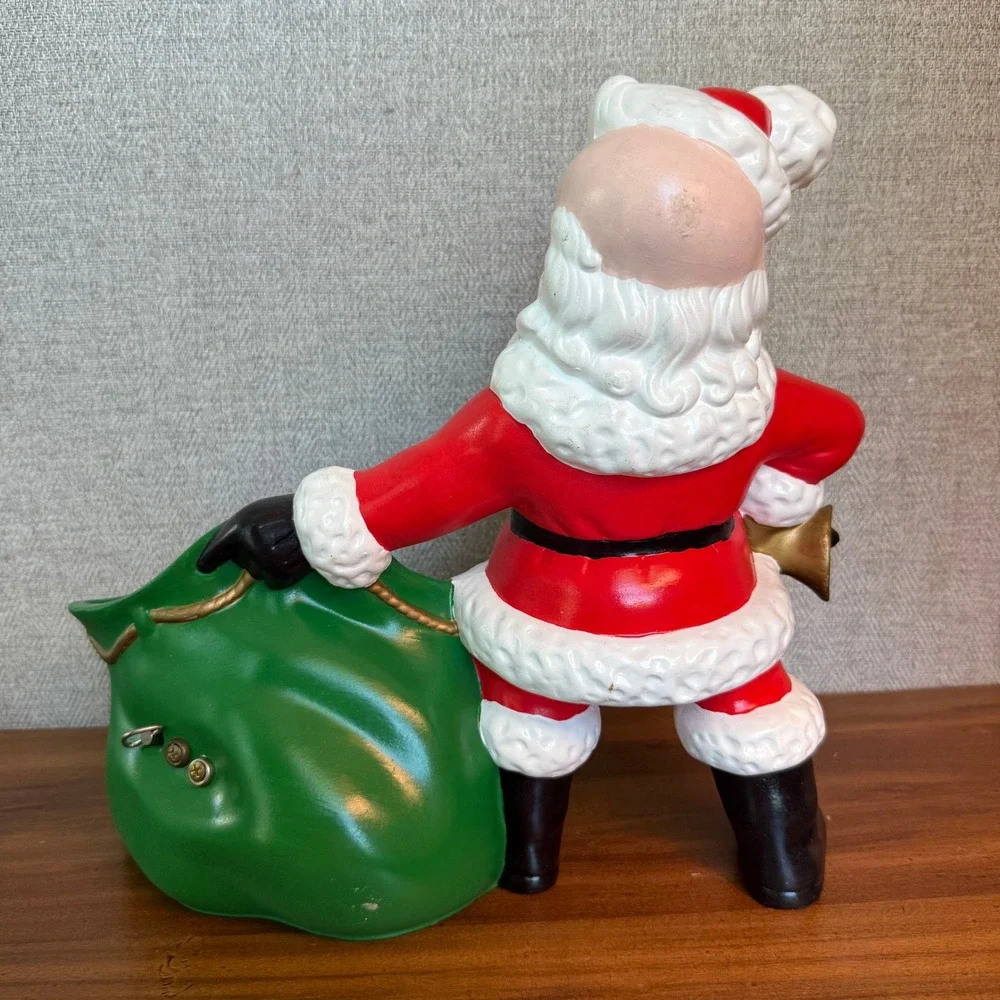 Vintage 1981 Ceramic Musical Santa Claus Figurine‎ Green Toy Bag Planter Dish